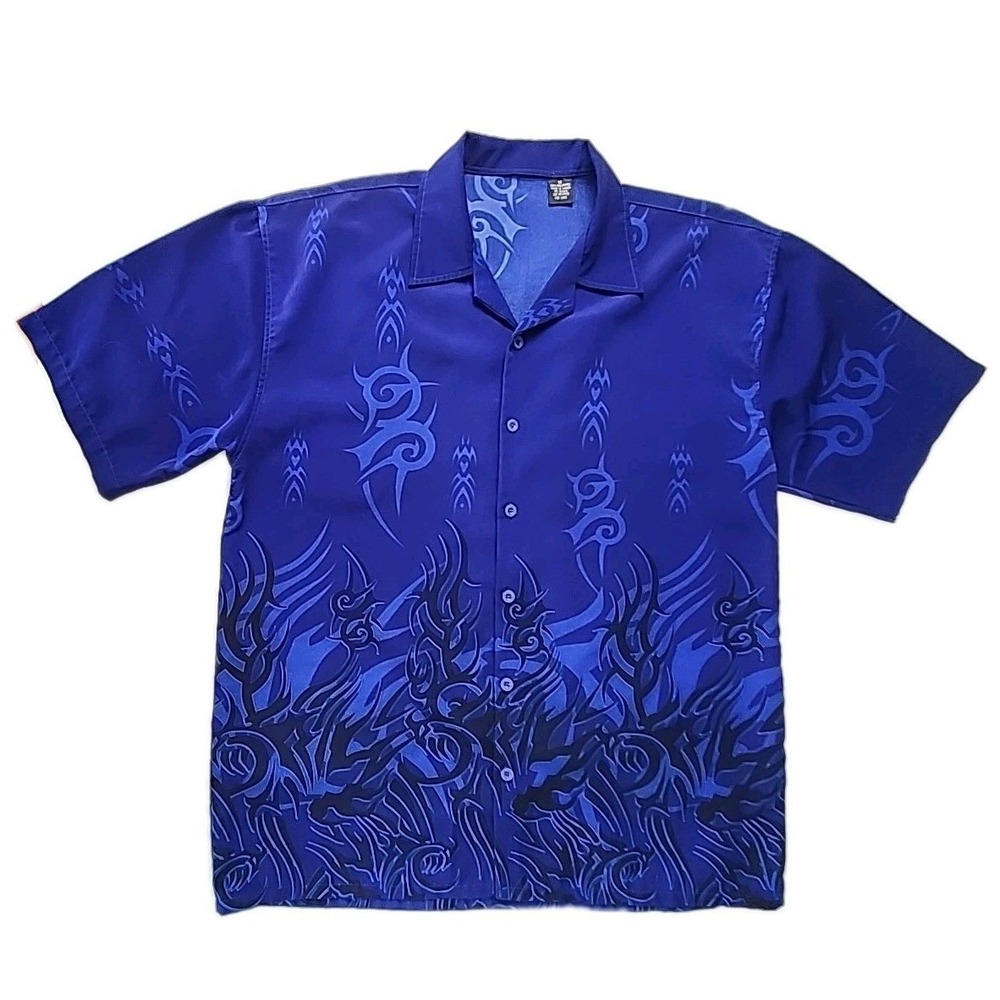 Vintage Mens Medium Sapphire Blue w/Black Tribal Tattoo Print Y2K Camp Shirt EUC